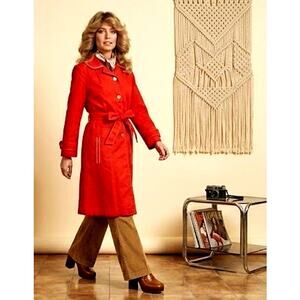 Vintage 70s Abbmoor Red Trench Coat White Piping Belted Mod Raincoat Size XL